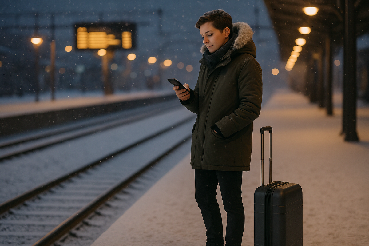 Winter Buffer — Snowy Platform & Timetable