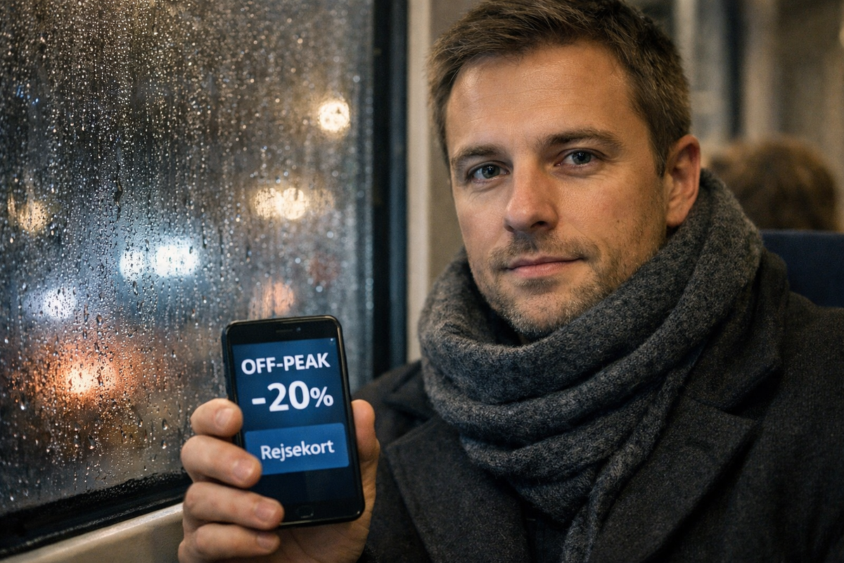A crisp passenger portrait in winter transit, highlighting off-peak savings in a calm, realistic Aarhus commute scene.