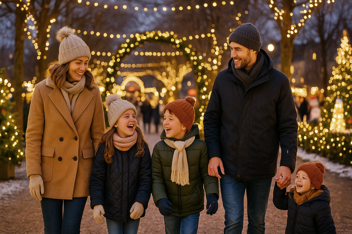 A family walks through a winter park