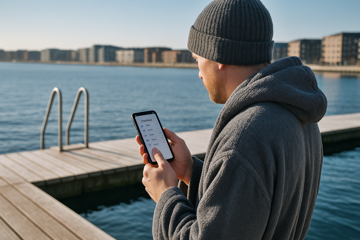A man at the embankment checks a checklist on his phone