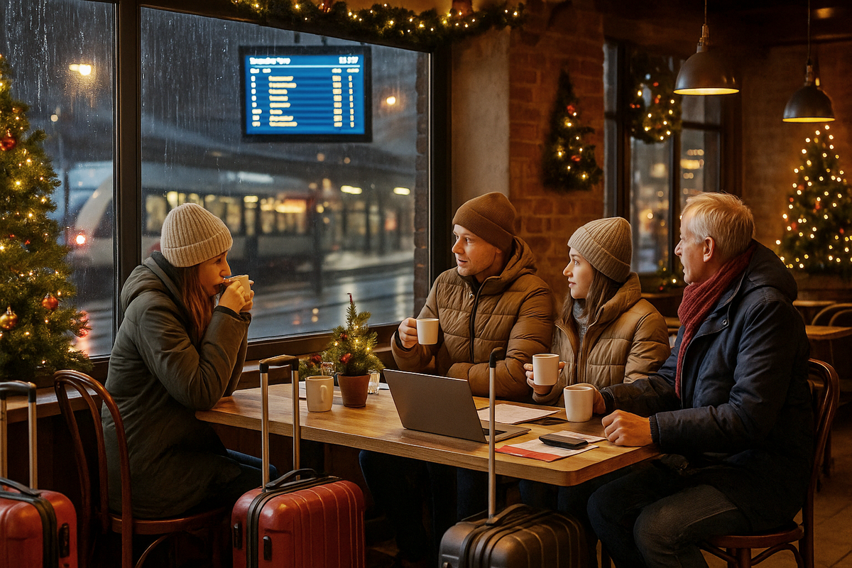 People with luggage in a train station cafe