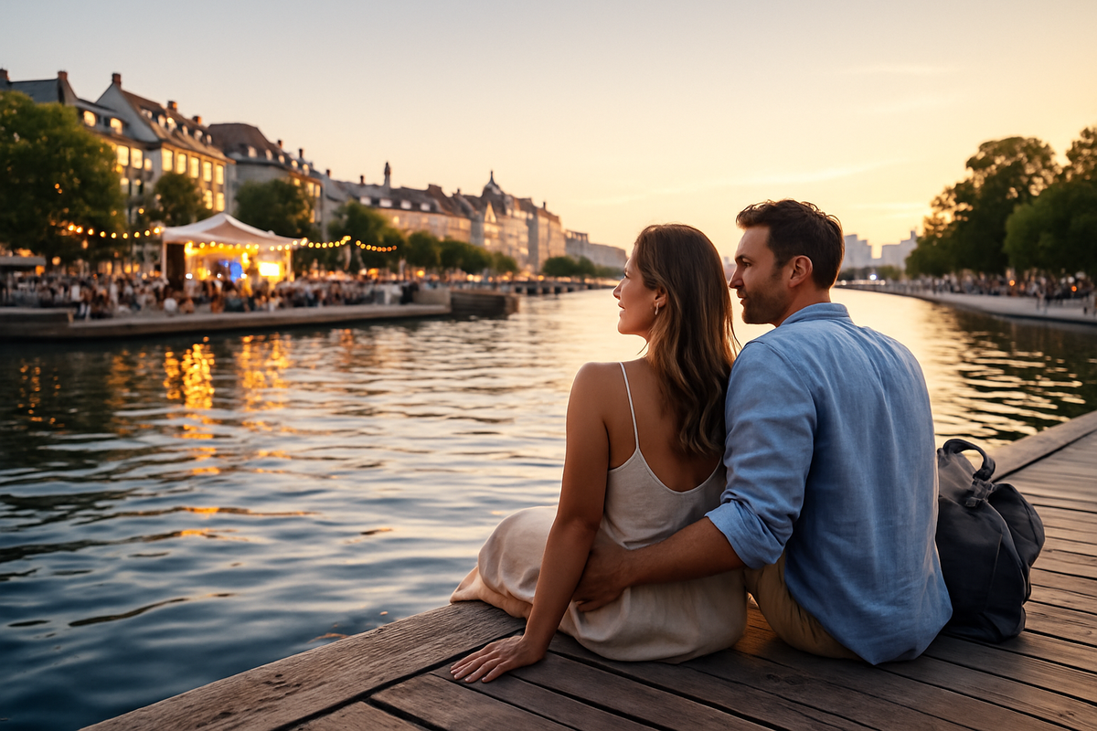 Romantic evening by the canal with a summer festival