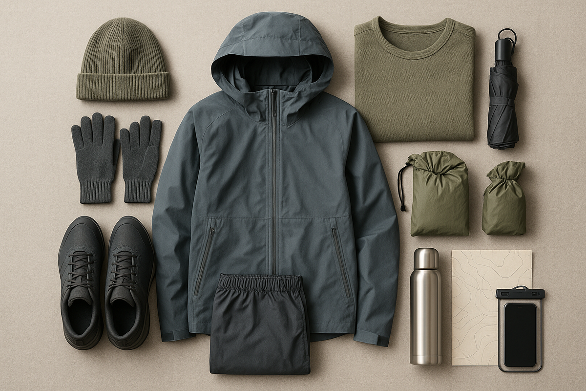 Rain‑Ready Kit — Shoulder‑Season Flatlay