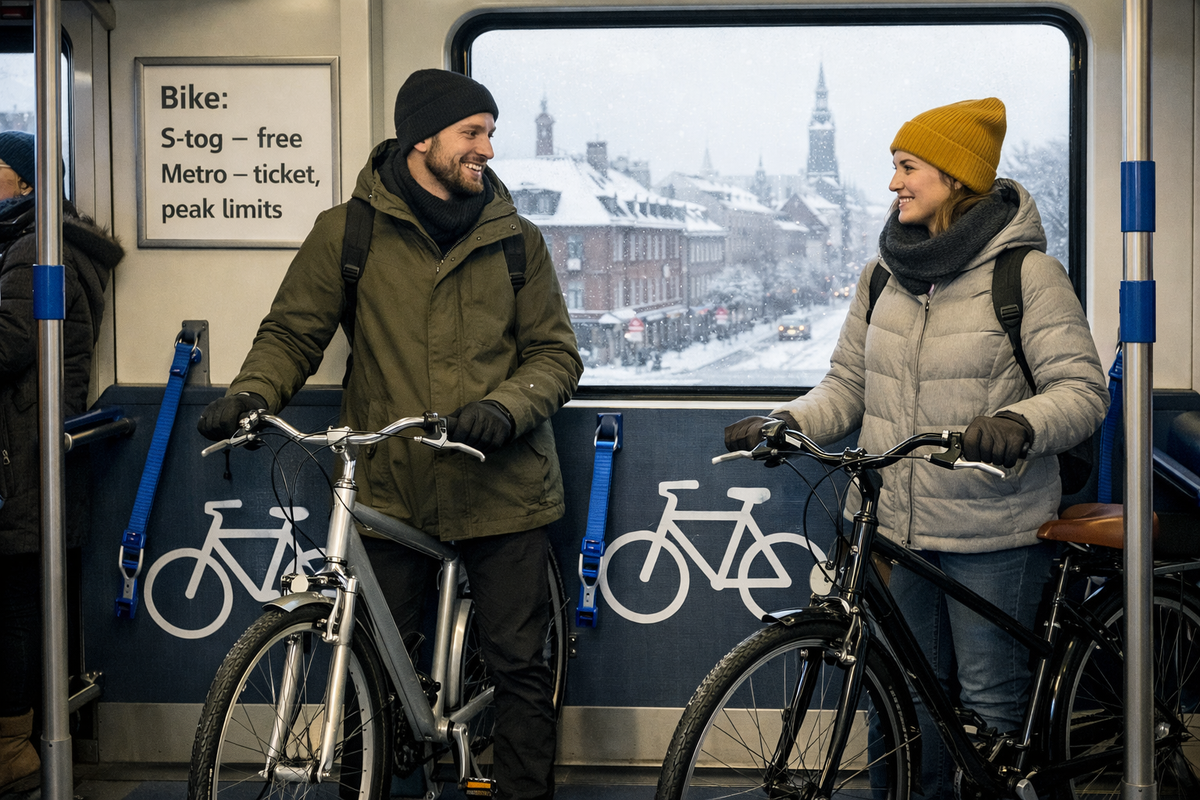 S-train bike area in winter with two cyclists and clear bike pictograms. The scene explains bike-friendly commuting in Copenhagen, contrasting free bike access on S-trains with ticket/peak limits in the metro—perfect for travelers who ride.