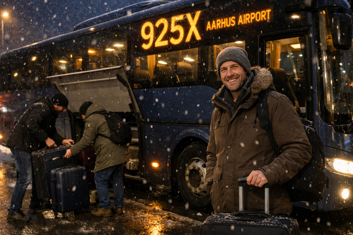 Winter airport express scene near Aarhus: the 925X coach boarding with luggage—clear, practical and travel-focused.