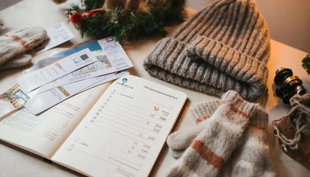 Winter travel checklist with tickets and warm clothes