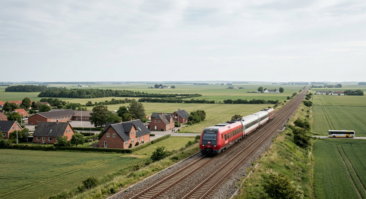 A modern Danish intercity train is moving through the rural landscapes of Jutland