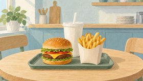 Illustration af en bakke med burger, pommes frites og en drik med sugerør på et rundt træbord i et lyst lokale.
