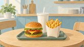 Illustration af en bakke med burger, pommes frites og en drik med sugerør på et rundt træbord i et lyst lokale.