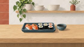 Illustration til sushirestauranter i Danmark: nigiri og maki på en blå bakke med en lille skål sojasauce på en lys trædisk.