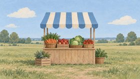 Illustration af en markedsbod med frugt og grøntsager