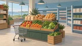 Illustration af en dagligvarebutik med brød, æbler, gulerødder, grøntsager, varehylder og en indkøbsvogn.