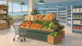 Illustration af en dagligvarebutik med brød, æbler, gulerødder, grøntsager, varehylder og en indkøbsvogn.