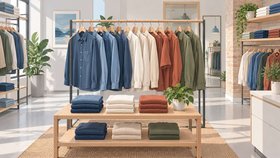 Illustration af en tøjbutik med skjorter og jakker på bøjler, sammenfoldede trøjer på træborde og grønne planter.
