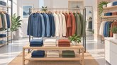 Illustration af en tøjbutik med skjorter og jakker på bøjler, sammenfoldede trøjer på træborde og grønne planter.