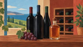 Illustration af tre mørke vinflasker, en klase druer og en glaskaraffel med ravfarvet drik foran en vinreol.