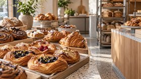 Et udvalg af wienerbrød, croissanter, boller og brød på træbakker i en lys butik.