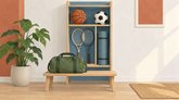 Illustration af sportsudstyr med en basketball, en fodbold, to ketsjere, en træningsmåtte og en sportstaske.