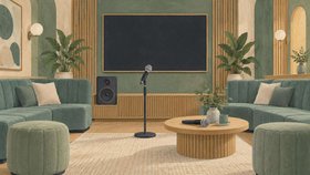 Illustration af et karaokerum med mikrofon på stativ, en stor slukket skærm, højttaler, grønne sofaer og et rundt træbord med en ekstra mikrofon.