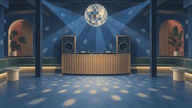 Illustration af en natklub med discokugle, DJ-pult, højttalere og et tomt dansegulv med blå lysstråler og lyse pletter.