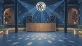 Illustration af en natklub med discokugle, DJ-pult, højttalere og et tomt dansegulv med blå lysstråler og lyse pletter.