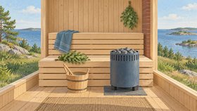 Illustration af en sauna med lyse træbænke, en ovn med varme sten, en træspand, et håndklæde og birkeris. Gennem vinduerne ses hav og klipper.