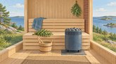 Illustration af en sauna med lyse træbænke, en ovn med varme sten, en træspand, et håndklæde og birkeris. Gennem vinduerne ses hav og klipper.