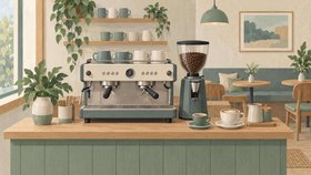 Illustration af en kaffebar med en espressomaskine, en kaffekværn med bønner, kopper og små borde i baggrunden.
