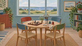 Illustration af et fællesrum med fire stole omkring et rundt bord med skakbræt, pensler, maling og bøger på en reol.