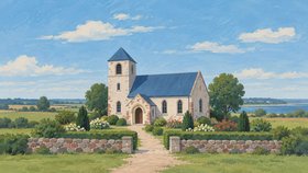 Illustration af en lys stenkirke med blåt tag, et klokketårn, en have og en lav stenmur ved kysten.