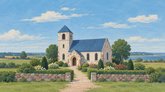 Illustration af en lys stenkirke med blåt tag, et klokketårn, en have og en lav stenmur ved kysten.