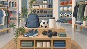 Illustration af en sportsbutik med en rygsæk, en fodbold, træningssko, håndvægte, træningstøj og beholdere på hylder.