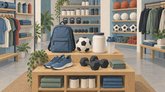 Illustration af en sportsbutik med en rygsæk, en fodbold, træningssko, håndvægte, træningstøj og beholdere på hylder.