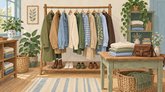 Illustration af en butik med tøj på bøjler, sko, strikkede trøjer og en brun taske på et træbord.