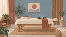 Illustration af et roligt spa- og massagerum med briks, håndklæder og varme sten.