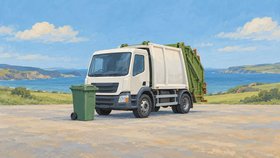 Illustration af en hvid og grøn skraldebil med en grøn affaldsbeholder foran bilen og et kystlandskab i baggrunden.