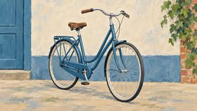 Illustration af en blå bycykel med brunt sæde, bagagebærer og skærme, parkeret ved en lys mur og en blå dør.