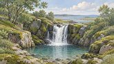 Illustration af et vandfald mellem mosklædte klipper med en klar vandpøl, grønne træer og åbent vand i baggrunden.