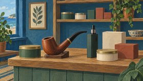 Illustration af en tobaksbutik med pibe, e-cigaret og neutrale beholdere