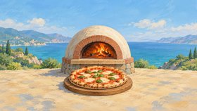 Illustration af en pizza med tomat, ost og basilikum på et træbræt foran en brændefyret pizzaovn ved en kyst.