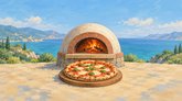 Illustration af en pizza med tomat, ost og basilikum på et træbræt foran en brændefyret pizzaovn ved en kyst.