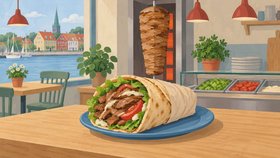 Illustration af shawarma og kebab i en dansk kebabbutik