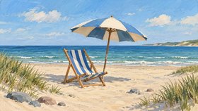 Illustration af en sandstrand med parasol og liggestol ved havet.