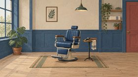 Illustration af en barbersalon med barberstol, saks og trimmer