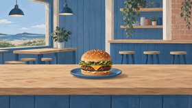 Illustration af en burger på en tallerken i en restaurant.