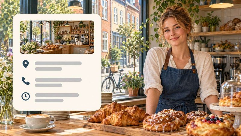 En caféejer bag disken med et virksomhedskort i forgrunden.