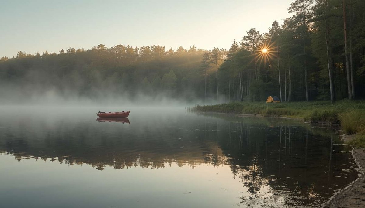 foggy morning on a forest lake