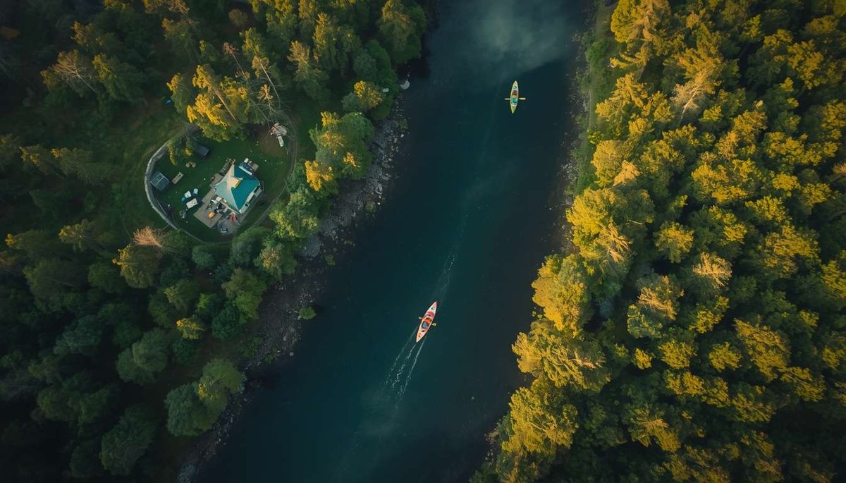 Aerial view of kayaking on a forest river