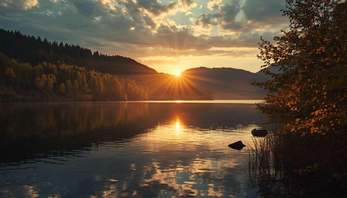 lake in the forest at sunset